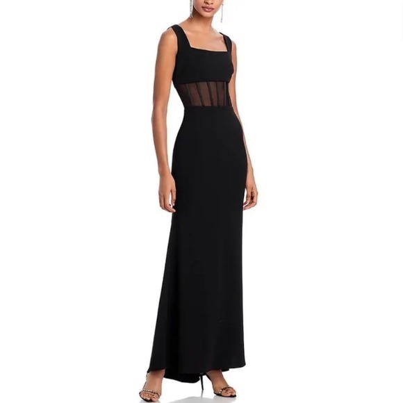 AQUA Black Scuba Crepe Halter Neck Mesh Panel Formal Maxi Dress